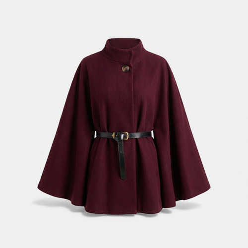 Belted Cape Coat for Women-Coats-Loucelia-Burgundy-XS-Loucelia