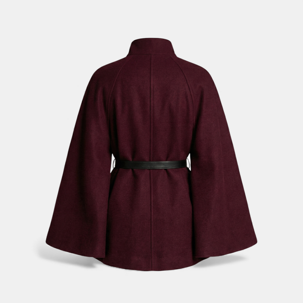 Belted Cape Coat for Women-Coats-Loucelia-Burgundy-XS-Loucelia