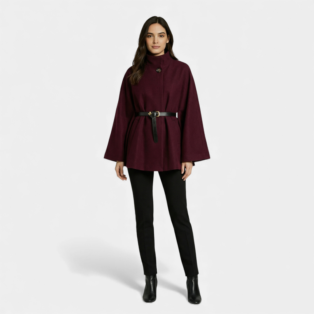 Belted Cape Coat for Women-Coats-Loucelia-Burgundy-XS-Loucelia