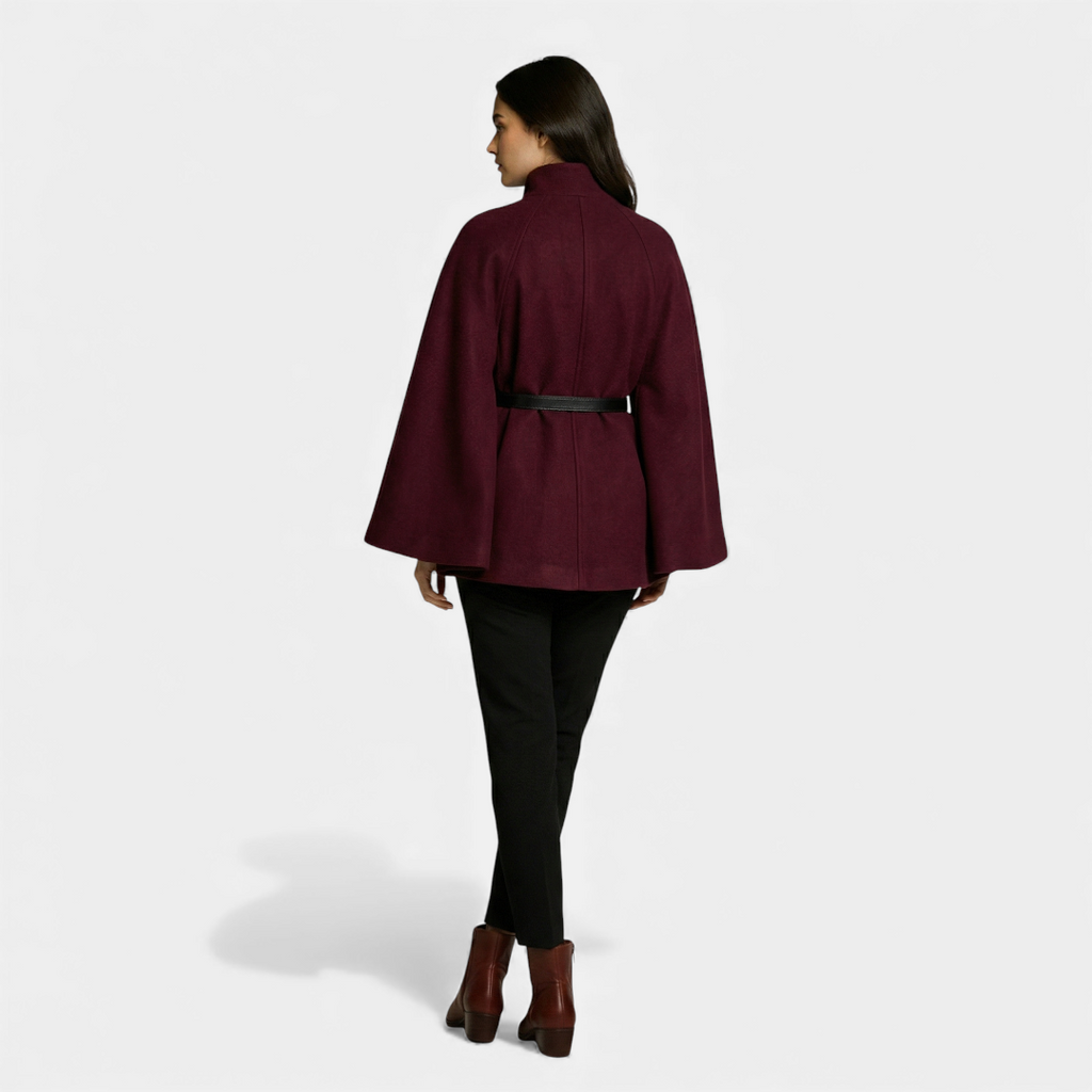 Belted Cape Coat for Women-Coats-Loucelia-Burgundy-XS-Loucelia