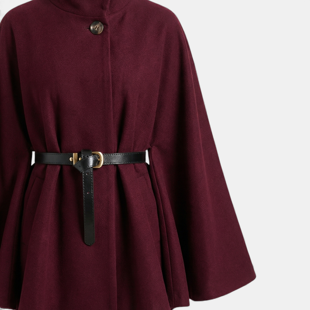 Belted Cape Coat for Women-Coats-Loucelia-Burgundy-XS-Loucelia