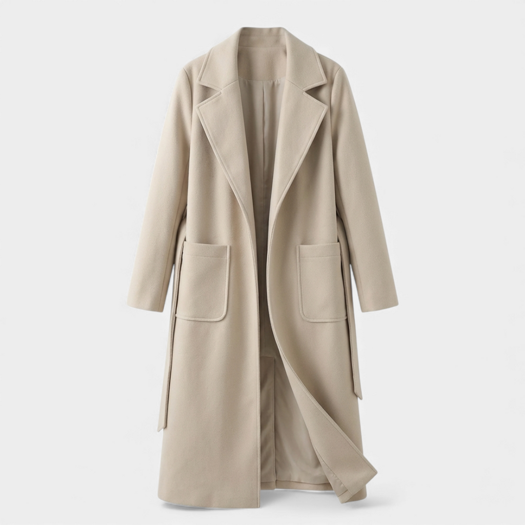 Belted Longline Trench Coat for Women-Coats-Loucelia-Beige-S-Loucelia