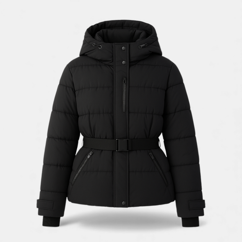 Belted Quilted Puffer Jacket for Women-jacket-Loucelia-black-S-Loucelia