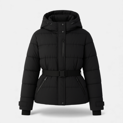 Belted Quilted Puffer Jacket for Women-jacket-Loucelia-black-S-Loucelia