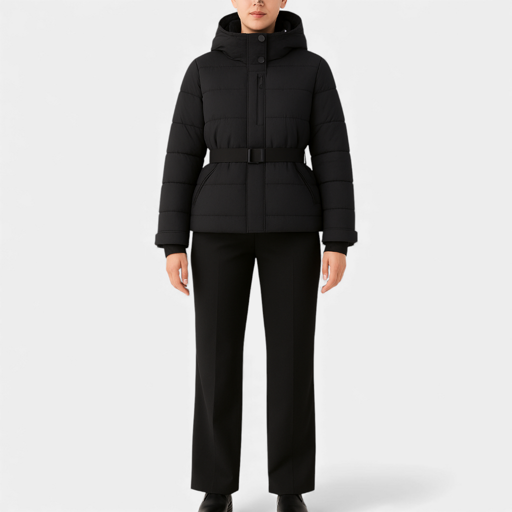 Belted Quilted Puffer Jacket for Women-jacket-Loucelia-black-S-Loucelia