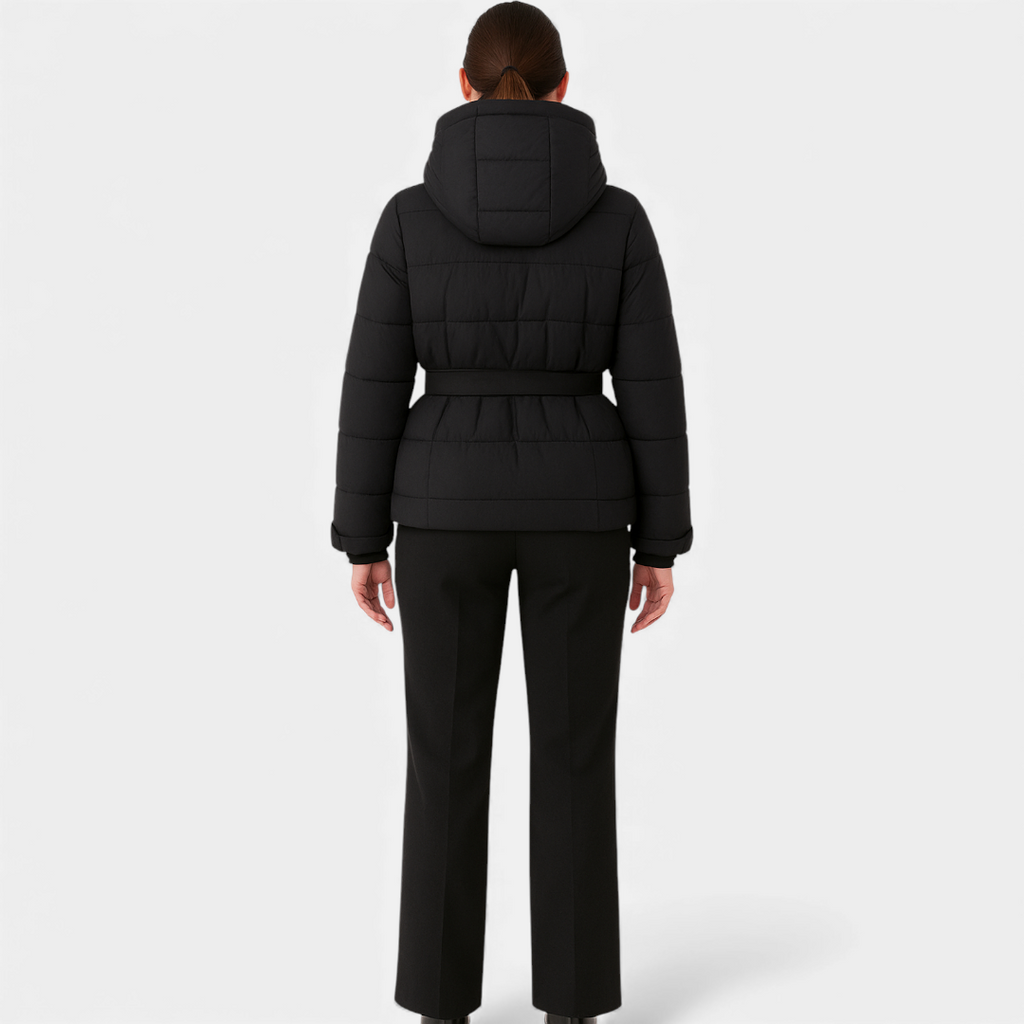 Belted Quilted Puffer Jacket for Women-jacket-Loucelia-black-S-Loucelia
