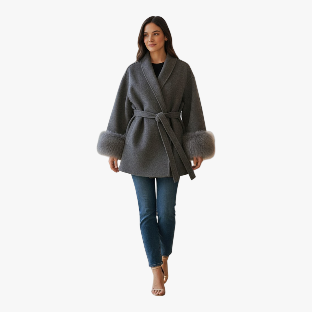 Belted Faux Fur Cuff Coat for Women-Loucelia-Grey-S-Loucelia