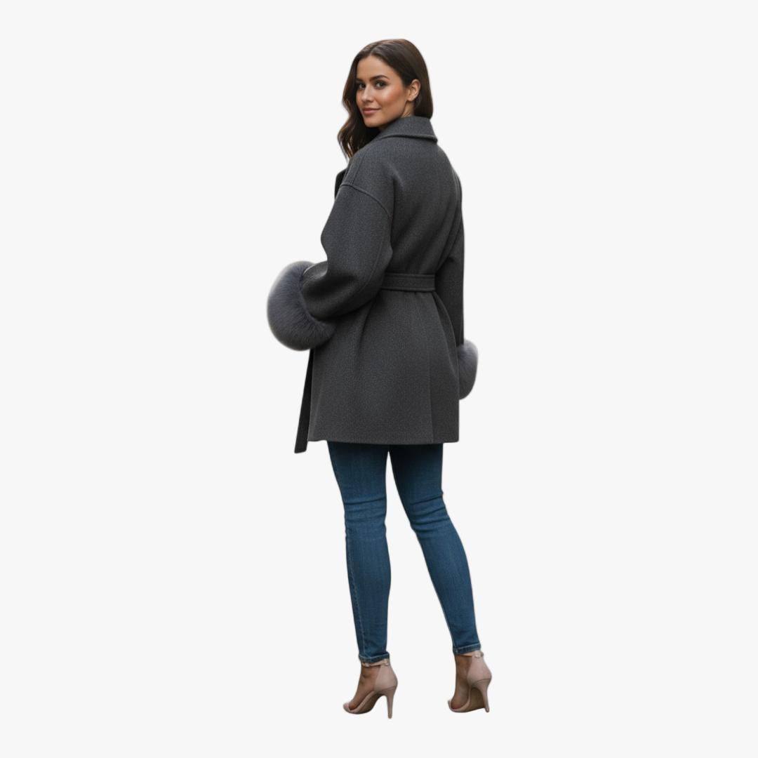 Belted Faux Fur Cuff Coat for Women-Loucelia-Grey-S-Loucelia