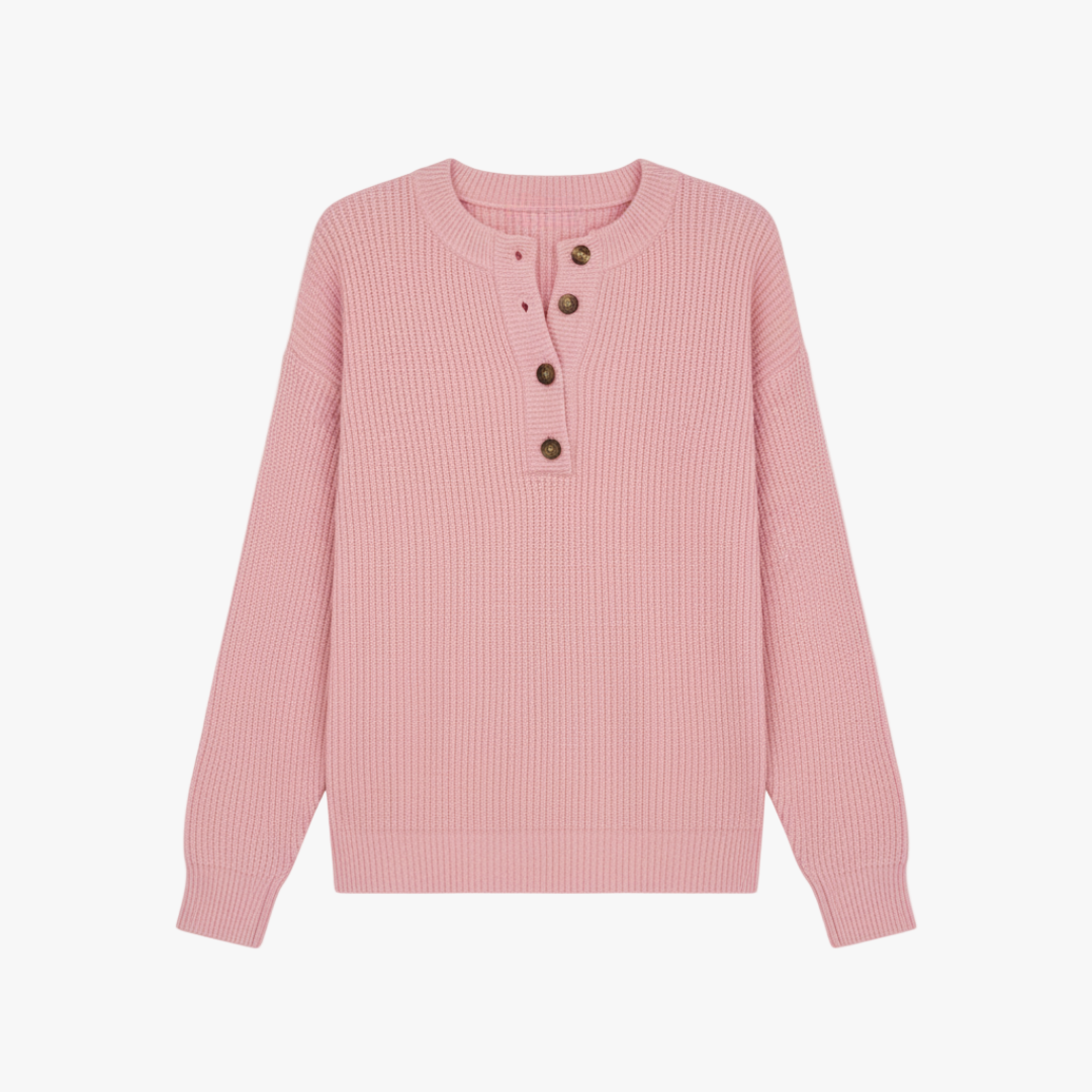 The Benthe Button-Neck Knit Jumper Pink-sweater-Loucelia-S-Loucelia