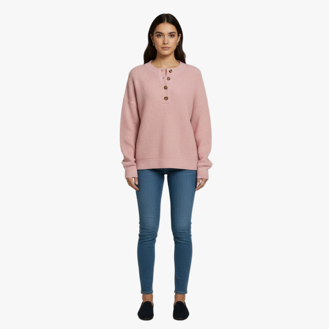 The Benthe Button-Neck Knit Jumper Pink-sweater-Loucelia-S-Loucelia