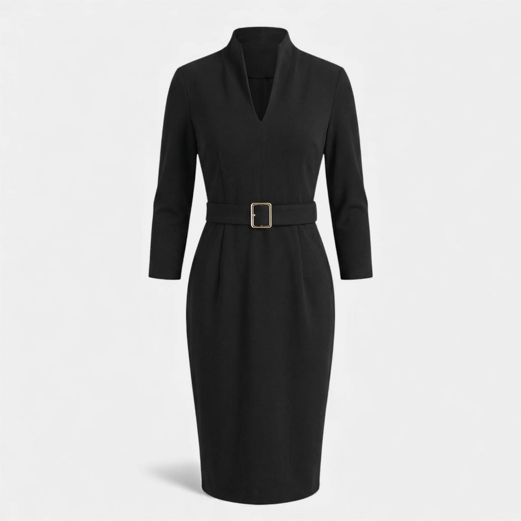 Black Dress - Women's V-Neck Midi - Belted Half Sleeve-Dresses-Loucelia-Black-XS-Loucelia