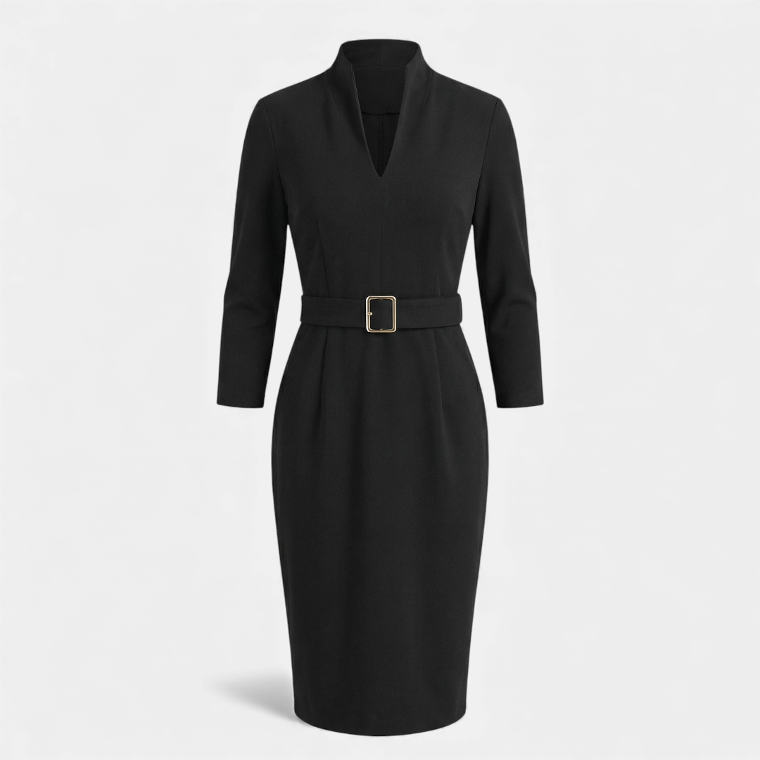 Black Dress - Women's V-Neck Midi - Belted Half Sleeve-Dresses-Loucelia-Black-XS-Loucelia