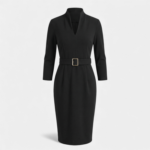 Black Dress - Women's V-Neck Midi - Belted Half Sleeve-Dresses-Loucelia-Black-XS-Loucelia