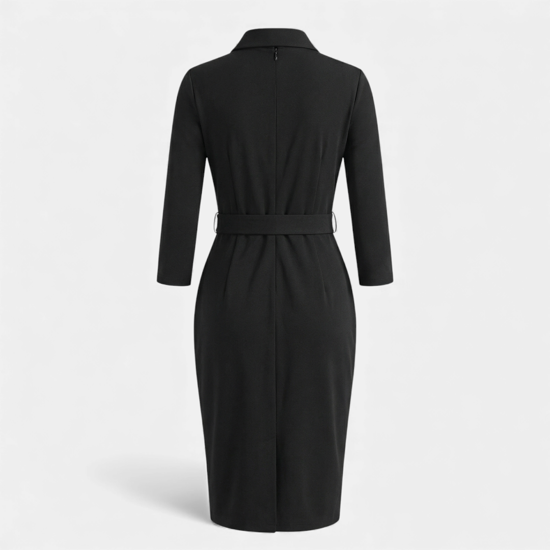Black Dress - Women's V-Neck Midi - Belted Half Sleeve-Dresses-Loucelia-Black-XS-Loucelia
