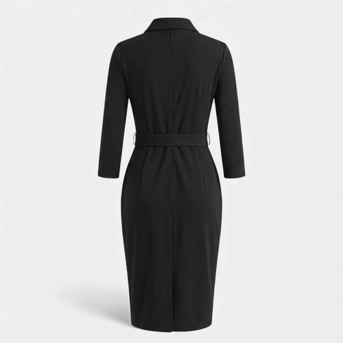 Black Dress - Women's V-Neck Midi - Belted Half Sleeve-Dresses-Loucelia-Black-XS-Loucelia