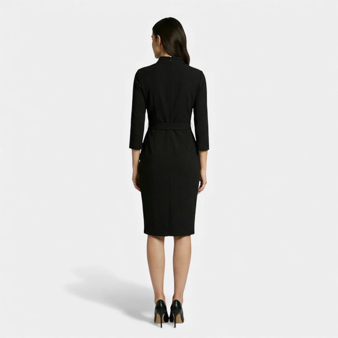Black Dress - Women's V-Neck Midi - Belted Half Sleeve-Dresses-Loucelia-Black-XS-Loucelia