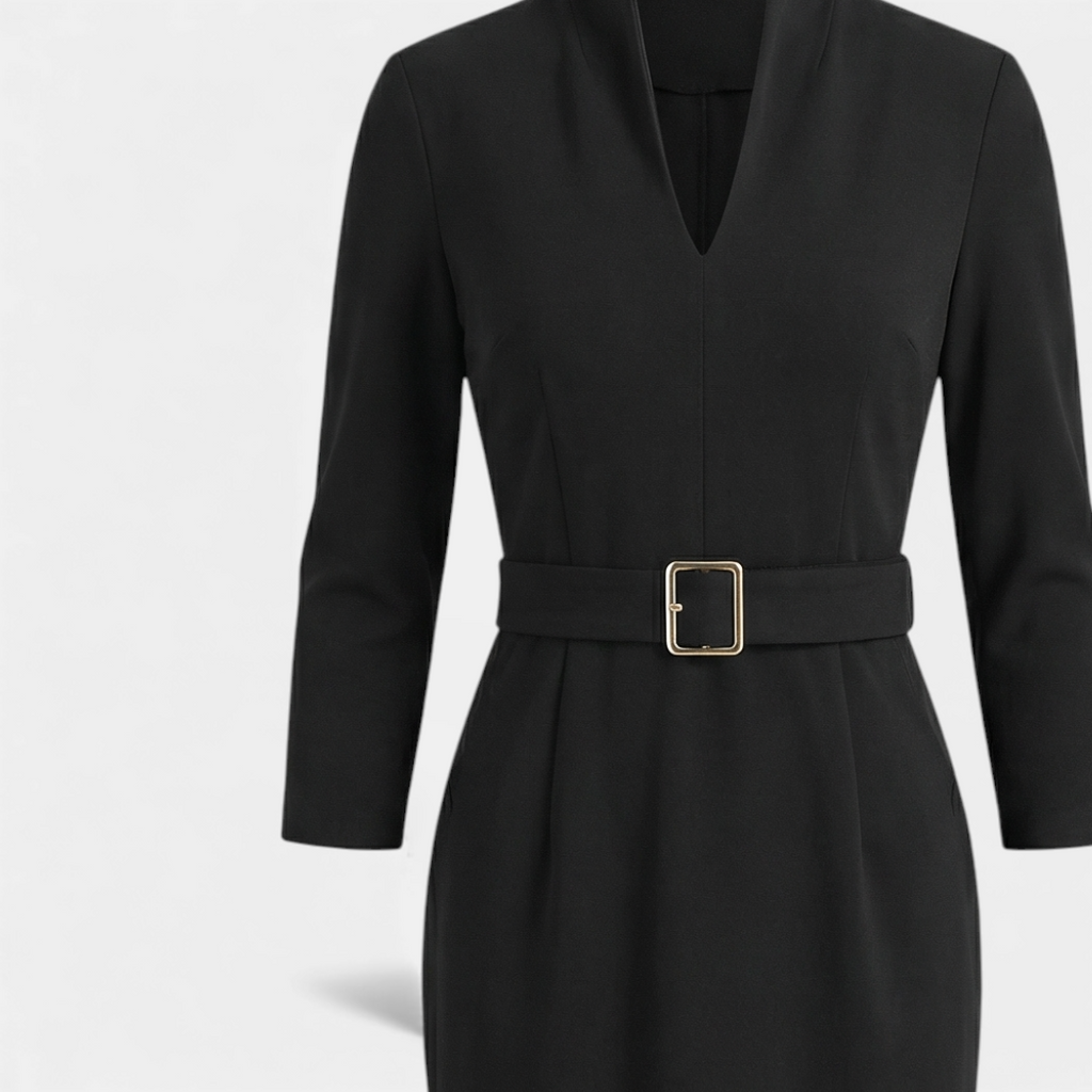 Black Dress - Women's V-Neck Midi - Belted Half Sleeve-Dresses-Loucelia-Black-XS-Loucelia