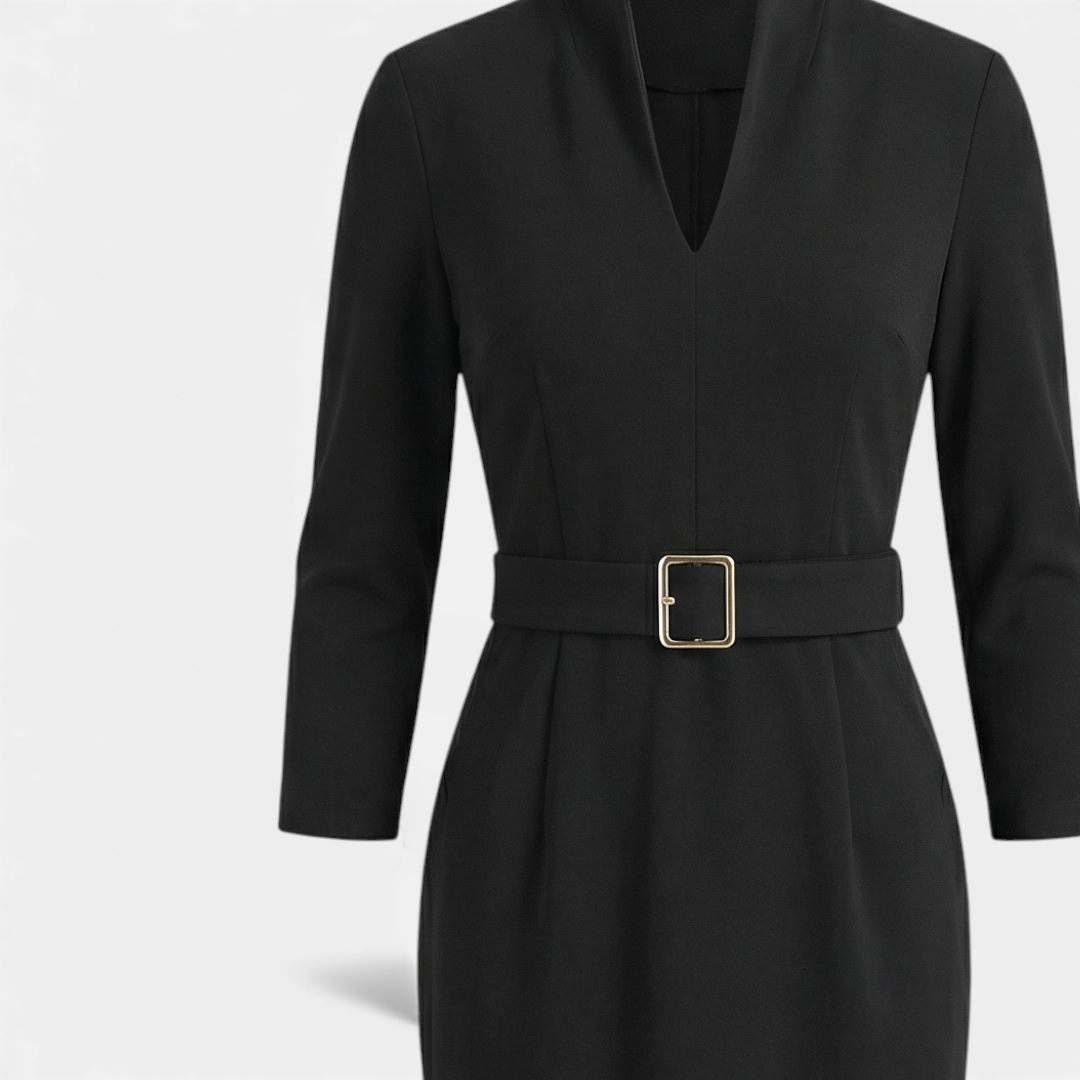 Black Dress - Women's V-Neck Midi - Belted Half Sleeve-Dresses-Loucelia-Black-XS-Loucelia