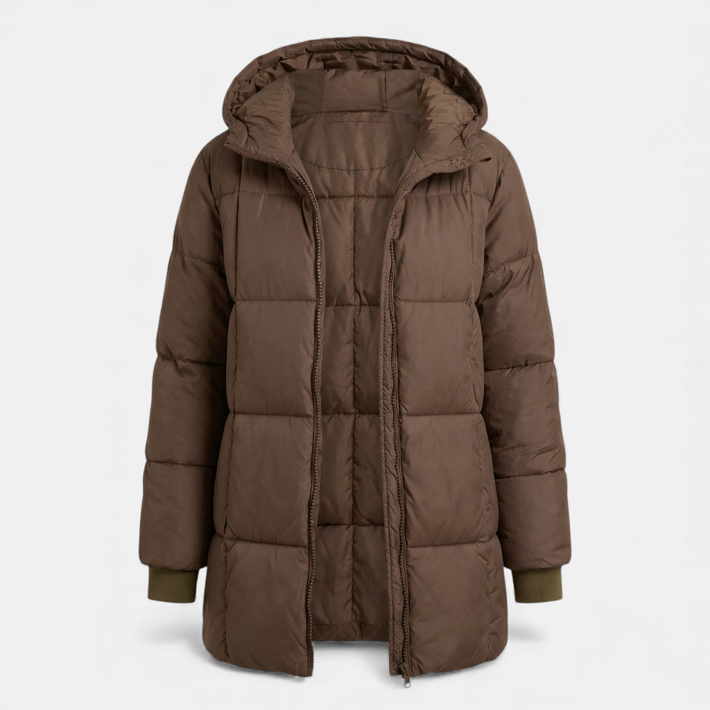 Black Puffer Coat - Long Hooded Design - Women's Winter Jacket-Coats-Loucelia-Reddish Brown-S-Loucelia