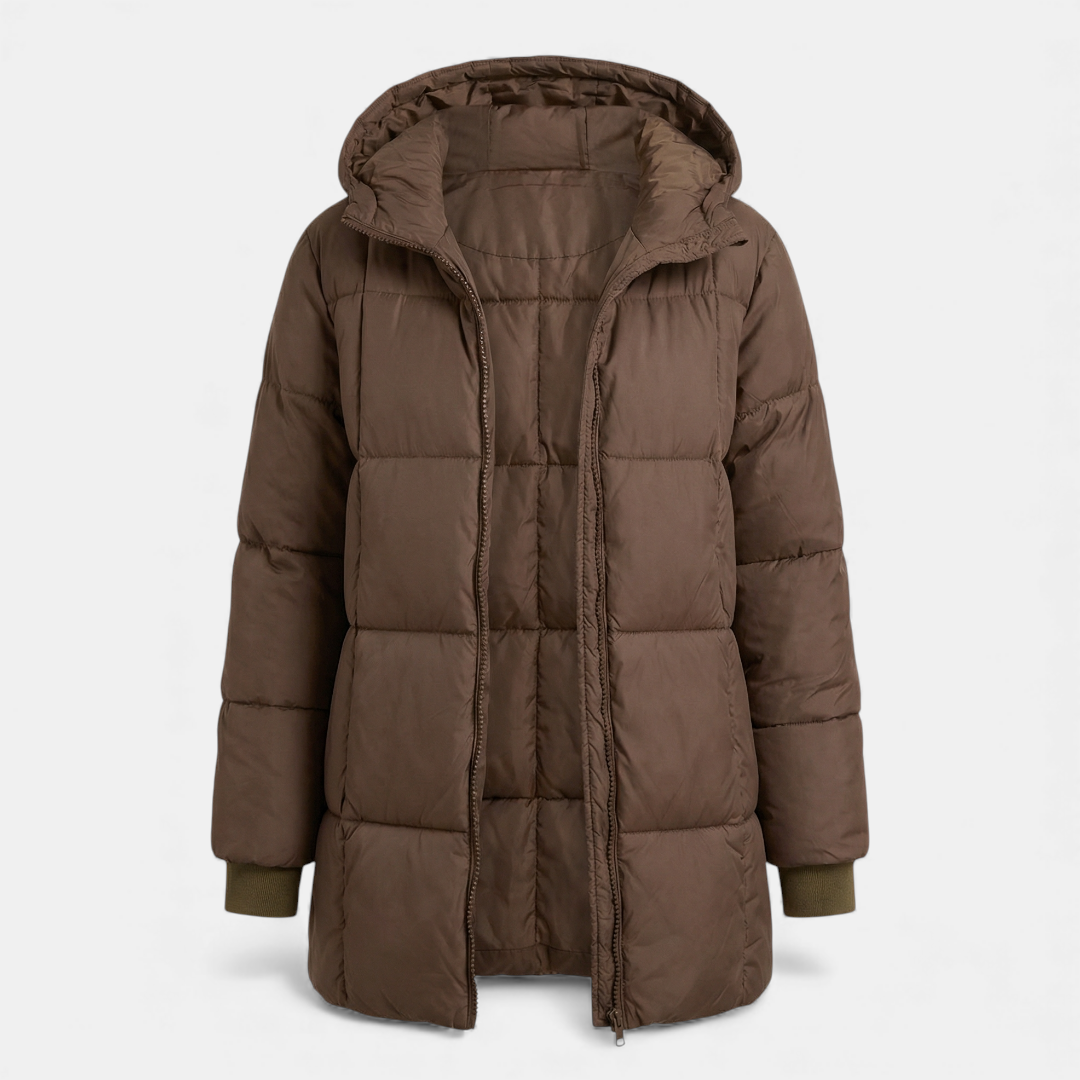 Black Puffer Coat - Long Hooded Design - Women's Winter Jacket-Coats-Loucelia-Reddish Brown-S-Loucelia