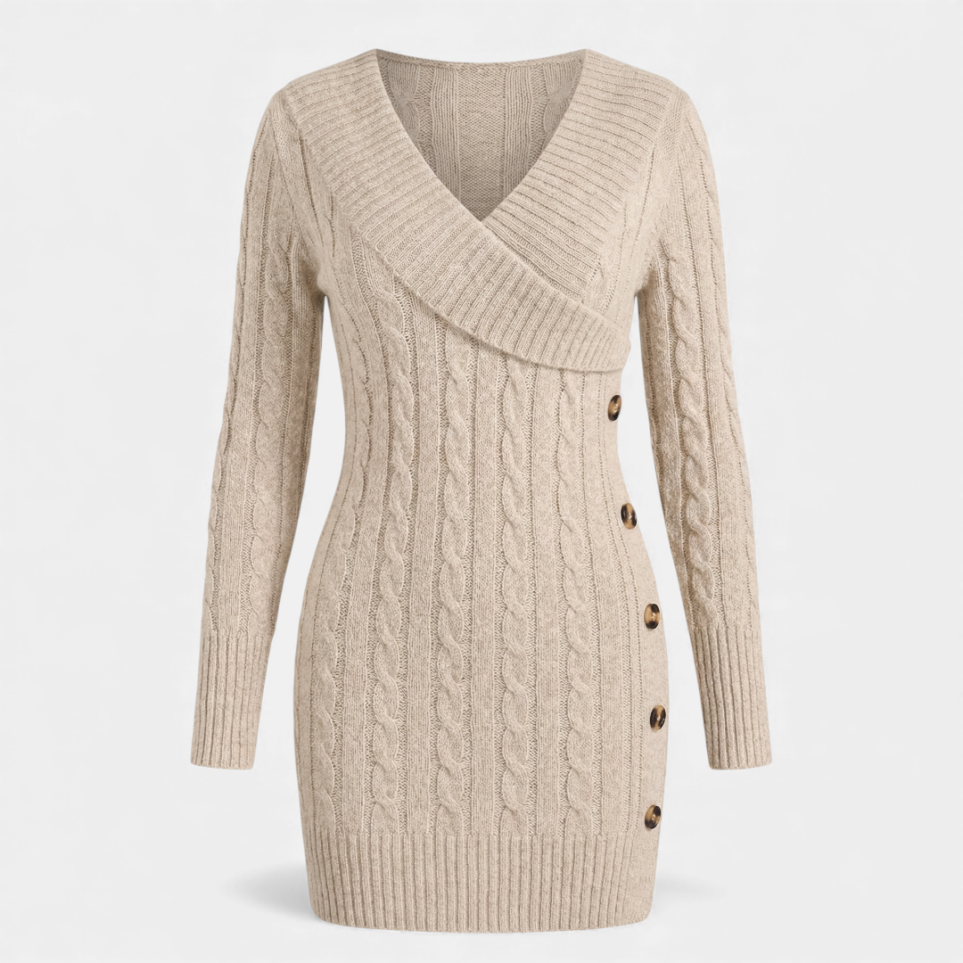 Cable Knit - Sweater Dress - Women's Shawl Collar-Dresses-Loucelia-Apricot-XS-Loucelia