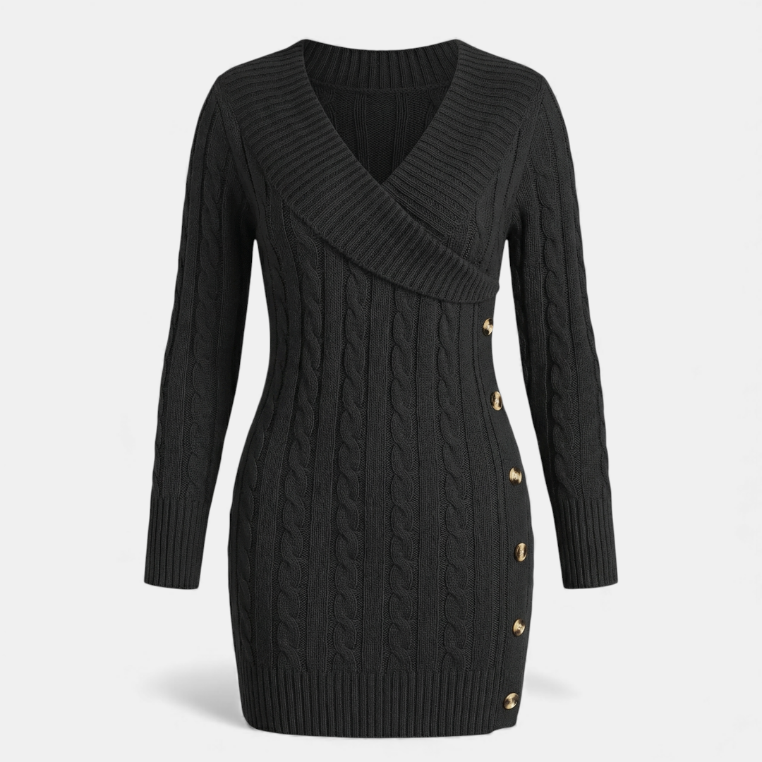 Cable Knit - Sweater Dress - Women's Shawl Collar-Dresses-Loucelia-Black-XS-Loucelia