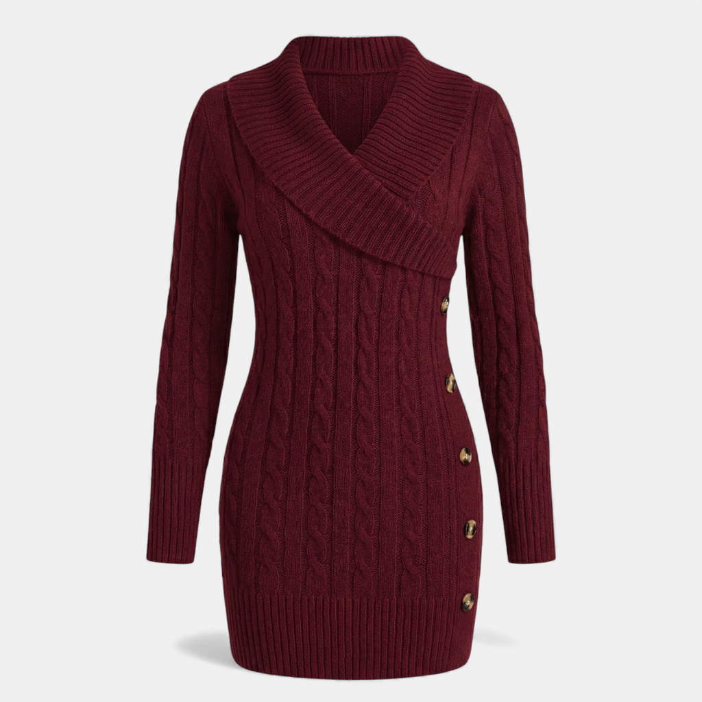 Cable Knit - Sweater Dress - Women's Shawl Collar-Dresses-Loucelia-Crimson-XS-Loucelia