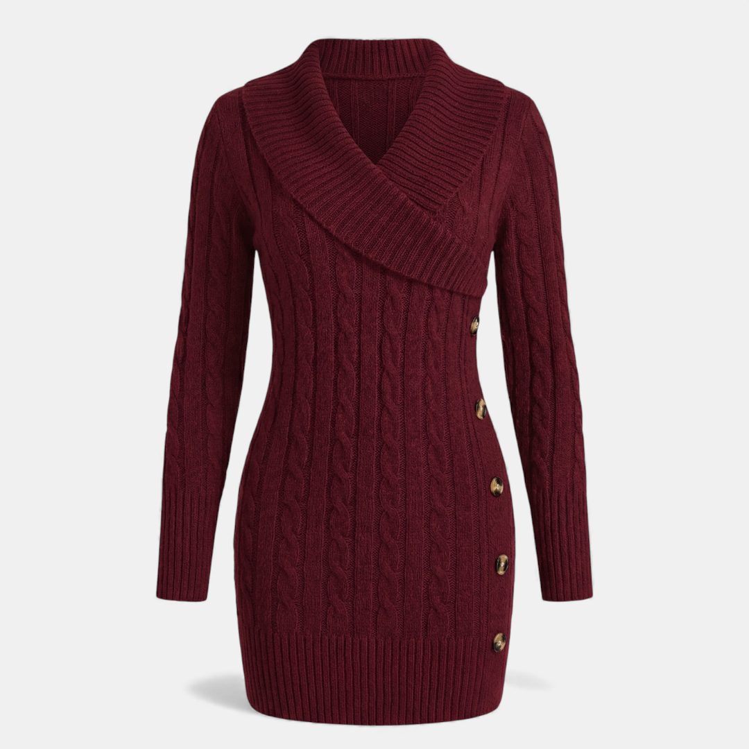 Cable Knit - Sweater Dress - Women's Shawl Collar-Dresses-Loucelia-Crimson-XS-Loucelia