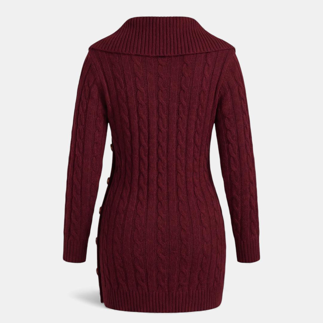 Cable Knit - Sweater Dress - Women's Shawl Collar-Dresses-Loucelia-Crimson-XS-Loucelia