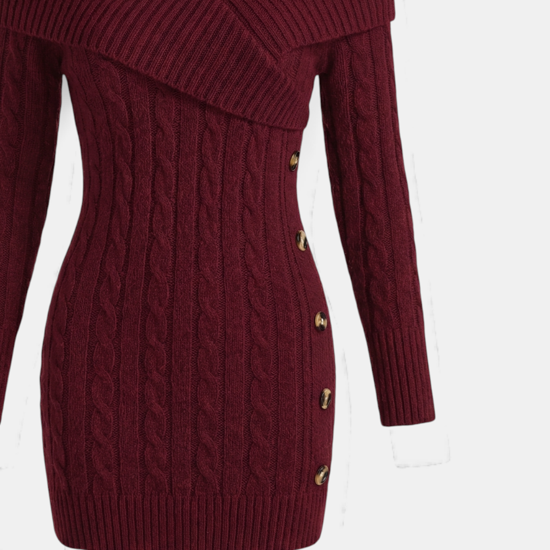 Cable Knit - Sweater Dress - Women's Shawl Collar-Dresses-Loucelia-Crimson-XS-Loucelia