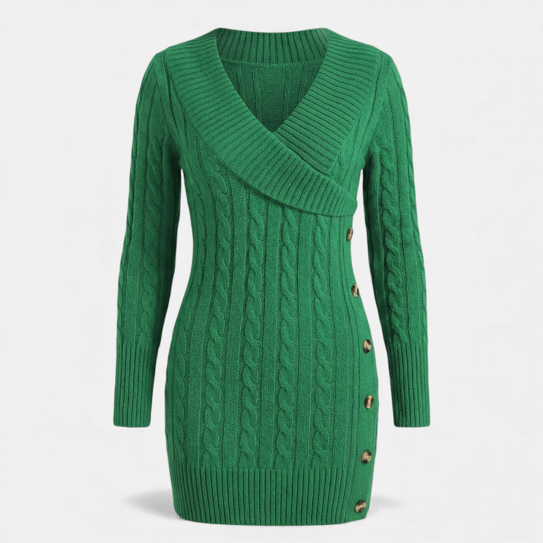 Cable Knit - Sweater Dress - Women's Shawl Collar-Dresses-Loucelia-Green-XS-Loucelia