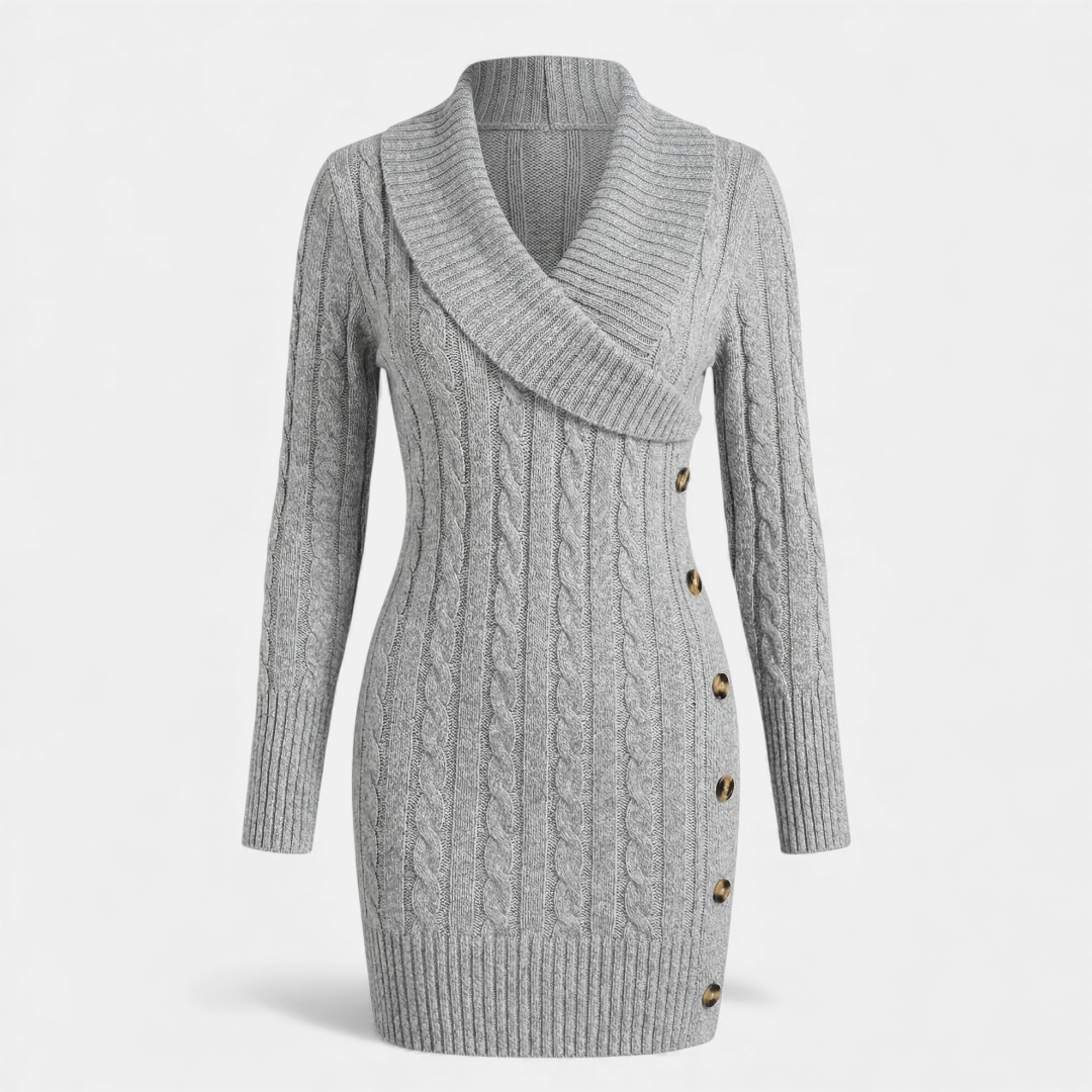 Cable Knit - Sweater Dress - Women's Shawl Collar-Dresses-Loucelia-Grey-XS-Loucelia