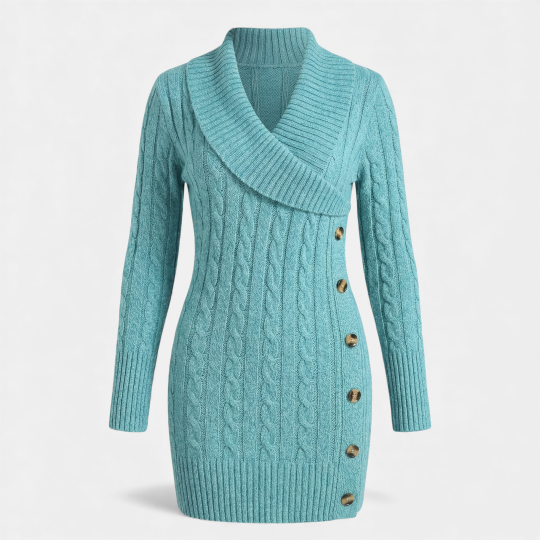Cable Knit - Sweater Dress - Women's Shawl Collar-Dresses-Loucelia-Lake Blue-XS-Loucelia