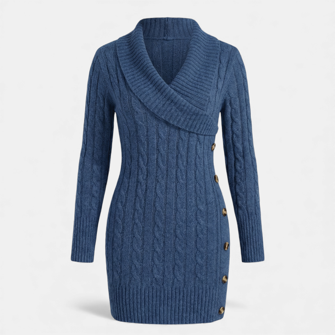 Cable Knit - Sweater Dress - Women's Shawl Collar-Dresses-Loucelia-Navy-XS-Loucelia