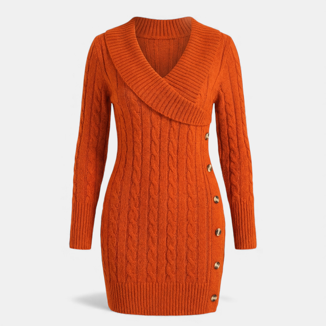 Cable Knit - Sweater Dress - Women's Shawl Collar-Dresses-Loucelia-Orange Red-XS-Loucelia