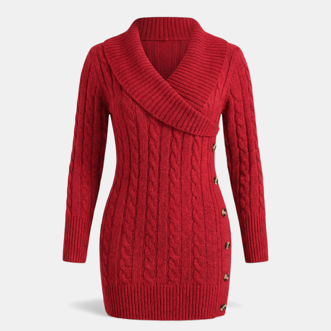 Cable Knit - Sweater Dress - Women's Shawl Collar-Dresses-Loucelia-Red-XS-Loucelia