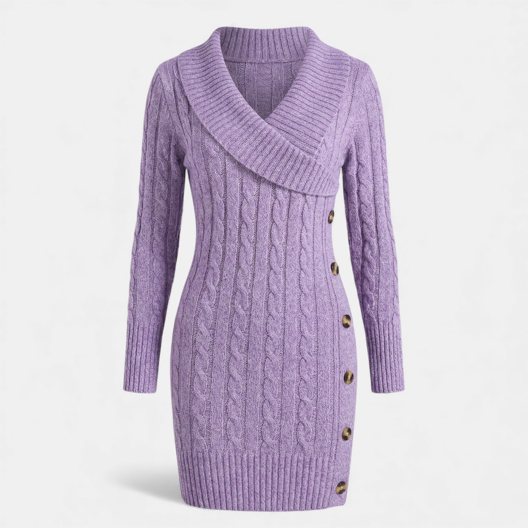 Cable Knit - Sweater Dress - Women's Shawl Collar-Dresses-Loucelia-Violet-XS-Loucelia