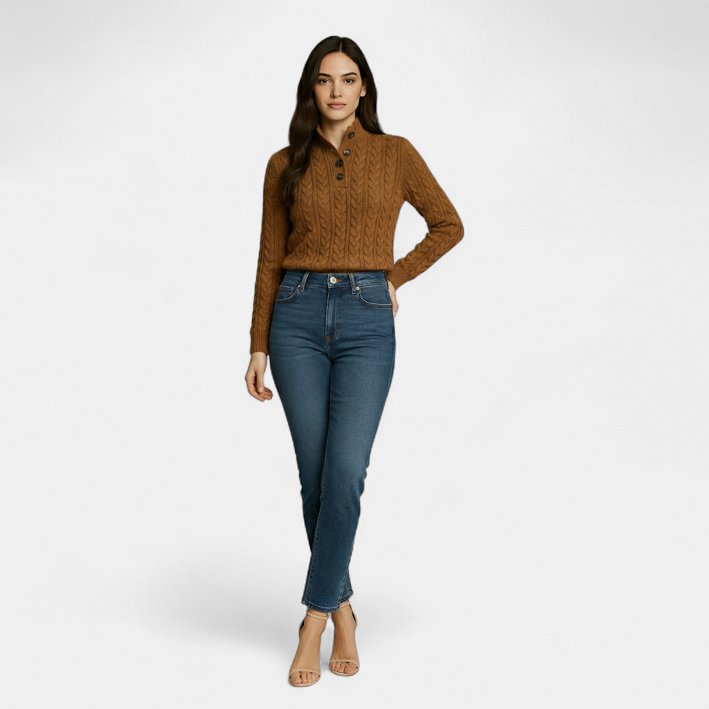 Cable Knit Button Collar Jumper for Women-Sweaters-Loucelia-Brown-S-Loucelia