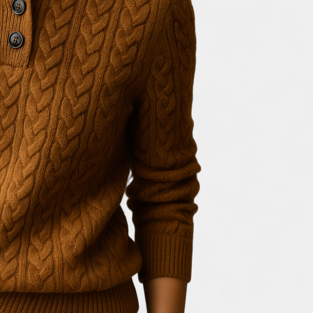 Cable Knit Button Collar Jumper for Women-Sweaters-Loucelia-Brown-S-Loucelia
