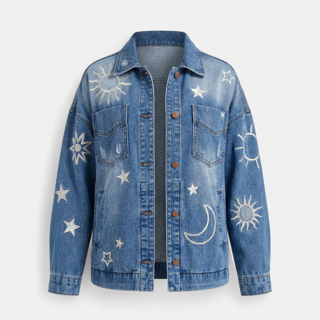 Casual Denim Jacket – Celestial Print Detailing-Jackets-Loucelia-Blue-S-Loucelia