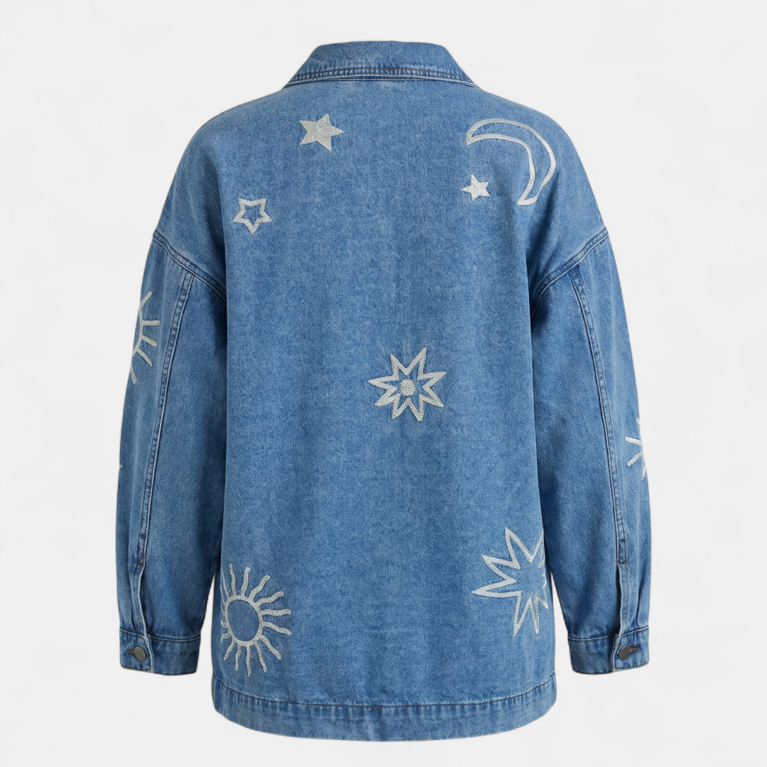 Casual Denim Jacket – Celestial Print Detailing-Jackets-Loucelia-Blue-S-Loucelia