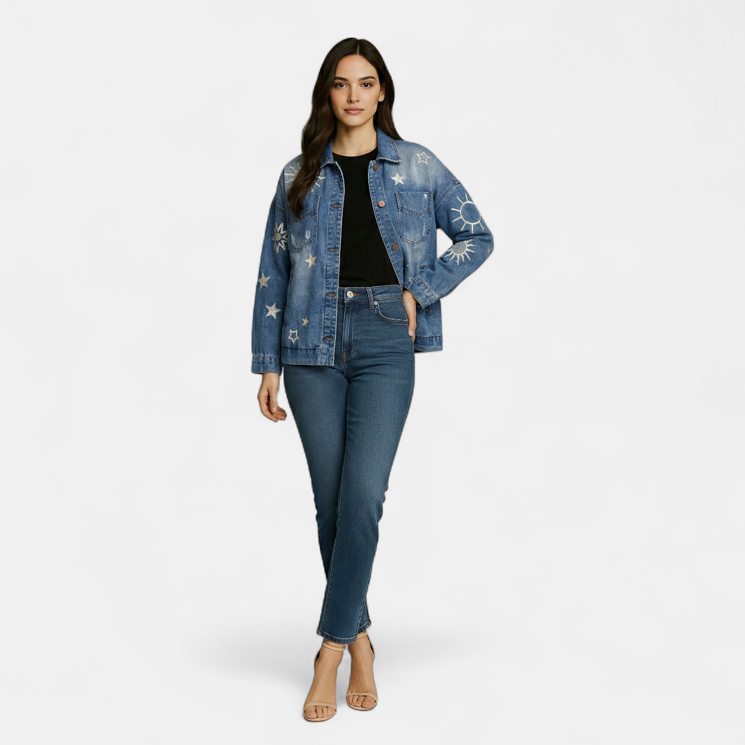 Celestial Print Denim Jacket for Women-Jackets-Loucelia-Blue-S-Loucelia