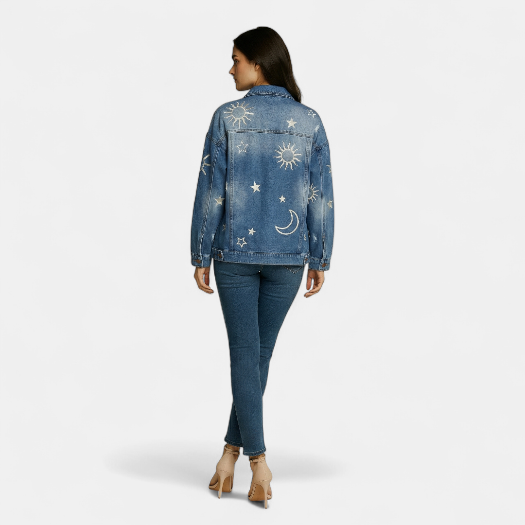Celestial Print Denim Jacket for Women-Jackets-Loucelia-Blue-S-Loucelia