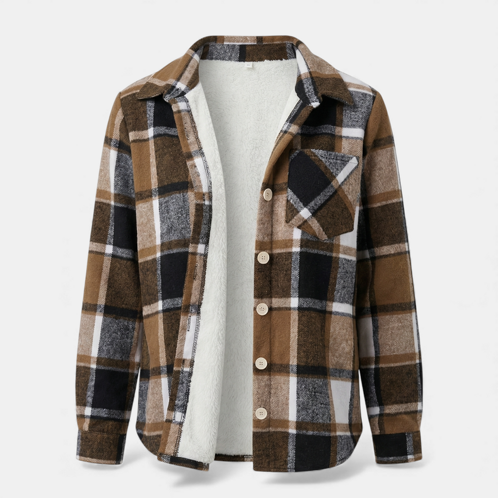 Checked Button Up Jacket for Women-Jackets-Loucelia-Khaki-S-Loucelia