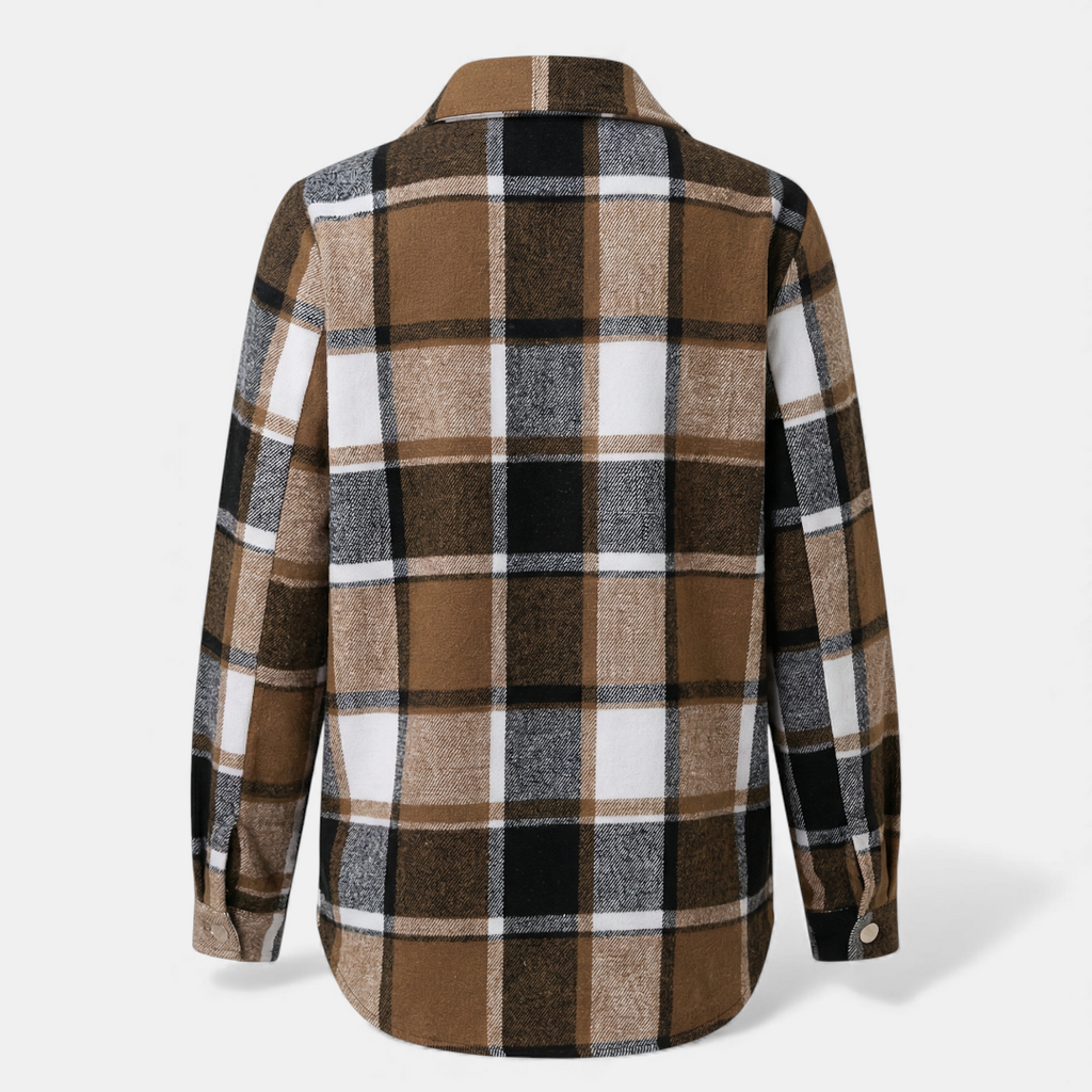 Checked Button Up Jacket for Women-Jackets-Loucelia-Khaki-S-Loucelia