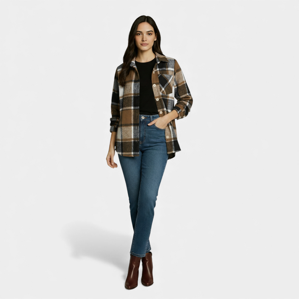 Checked Button Up Jacket for Women-Jackets-Loucelia-Khaki-S-Loucelia