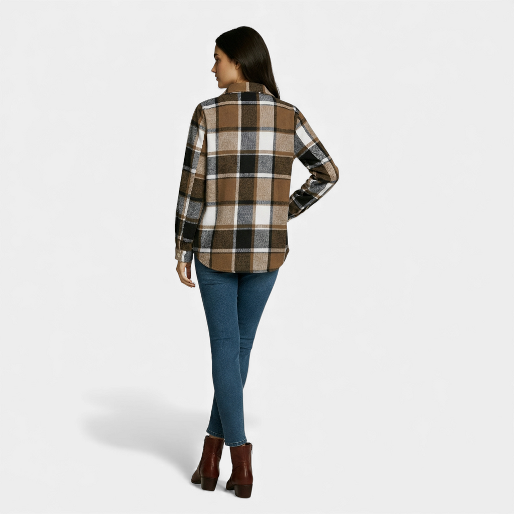 Checked Button Up Jacket for Women-Jackets-Loucelia-Khaki-S-Loucelia