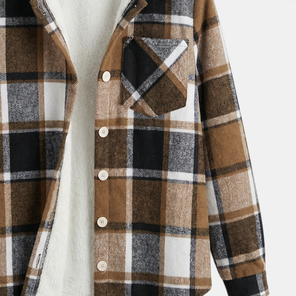 Checked Button Up Jacket for Women-Jackets-Loucelia-Khaki-S-Loucelia