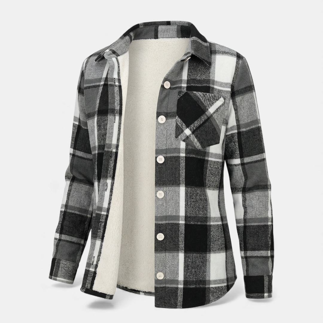 Checked Button Up Jacket for Women-Jackets-Loucelia-Khaki-S-Loucelia