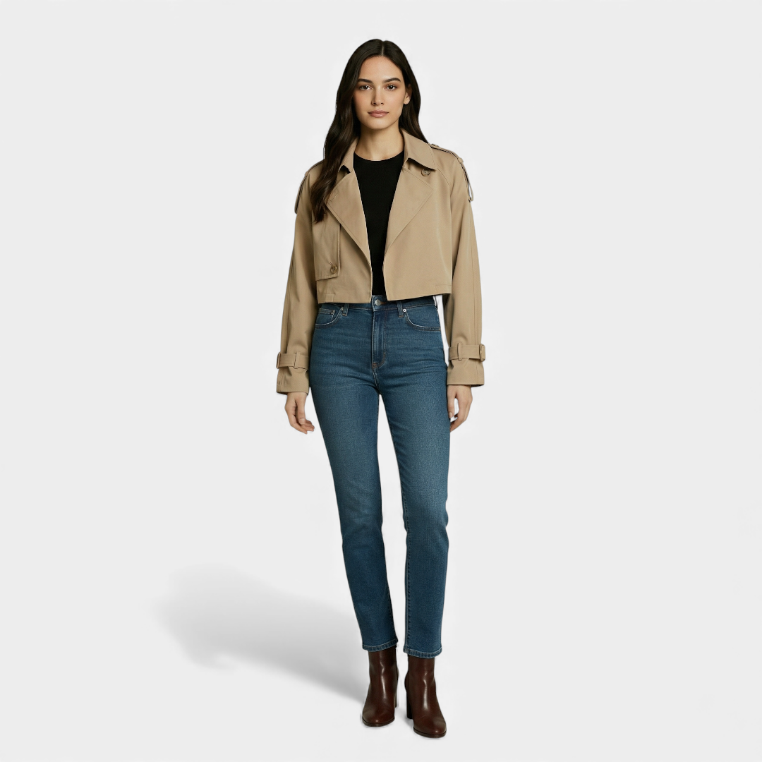 Cropped Short Trench Coat Jacket for Women-jacket-Loucelia-Khaki-S-Loucelia